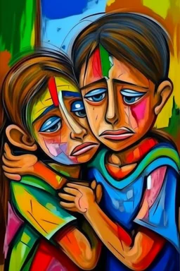 a girl hug her brother and both crying sadly, expressionism, Pixar style, in abstract art Basquiat, Picasso, Miro, Kandinsky, Klee, Birell, Fairey, Ardon, Buffet aand Picasso style, HD --s 750 --v 5.1 --style raw, water color