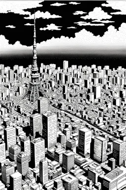 Tokyo city view from very above. manga style, black and white, no pattern