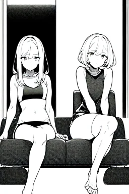 two girls play video games sitting on a two-seater sofa, greyscale