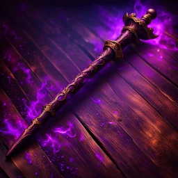 Closeup of an old, dark, wooden magical wand used for black magic. Bright violet details. Evil. Dark. Black magic. No detailed background.Magical. Epic. Dramatic, highly detailed, digital painting, masterpiece