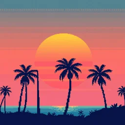 8 bit pixelart of sun, palmtrees synthwave,