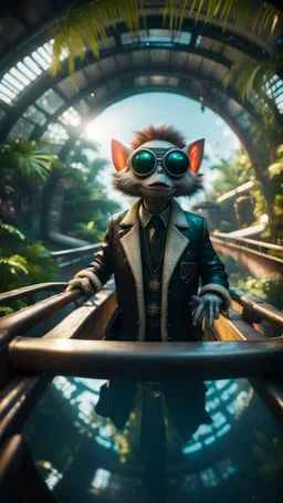 fish-eye photo model furry hairy pimp rocker priest alien on boat bridge over water slide in dark lit reflective wet jungle metallic hall dome hotel tunnel, in the style of fallout 4 game,bokeh like f/0.8, tilt-shift lens 8k, high detail, smooth render, down-light, unreal engine, prize winning