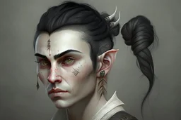 A Fantasy elf, a white male with black hair tied up in a bun, a scarred left eye. Full body