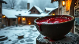 close up an old bowl is full red blood on snowy poor villager courtyard, dramatic atmosphere, in background blur , low light, high detailed, sharp focus, high realistic, perfect photo