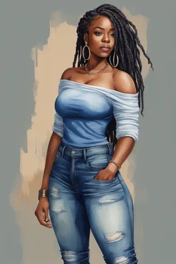 Create a watercolor image of a curvy black female wearing tight cut up jeans and a off the shoulder blue tshirt with timberland boots. Prominent make up with hazel eyes. Highly detail dread locs