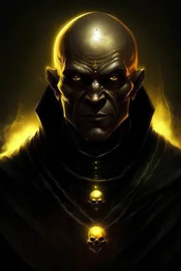 ebony priest, bald, evil, with yellow glowing eyes