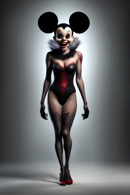 inspired by all the works of art in the world - laughing - Millie Miller, an extremely tiny, thin, voluptuous beautiful mickey mouse-faced vampire werewolf zombie female with a black mohawk, full body image, wearing a skinsuit, Absolute Reality, Reality engine, Realistic stock photo 1080p, 32k UHD, Hyper realistic, photorealistic, well-shaped, perfect figure, a multicolored, watercolor stained, wall in the background, hickory dickory Clock