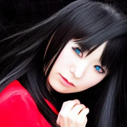 Women in Japan, long black hair, blue eyes, red dress