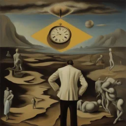 cover art, surrealist painting called 'today I am thinking about time by dali and picasso and magritte and Breughel