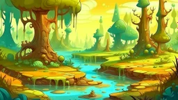 Fantasy cartoon illustration for children: swamp park, millions of years ago, with towering prehistoric trees, bubbling mud pits