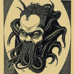 Picture of Cthulhu with white skin and a beard made of fleshy tentacles as a Russian Orthodox nosferatu with yellow eyes and vampire fangs and quills on the head