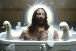Jesus is bathing. playing with foam and rubber duckies in his bathrobe. halo on his head. 4K David Palumbo