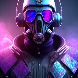 full body apocalyptic purple masked villain in galaxy, teal and purple smoke, detailed, realistic, 4k