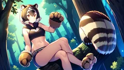 Girl, raccoon tail, raccoon ears, sit on tree, night time, forest, raccoon paws in foot, raccoon hand, raccoon legs, open navel