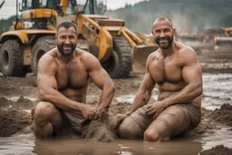 portrait shot photography of two ugly 36 year old beefy big robust burly italian carpenters embraced in the mud, dirty and wet, wearing bulging shorts, shirtless, hairy chest, serious, very virile, short beard, shaved hair,, , in a sunny construction work area, photorealistic , photorealistic