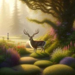 pixar style, volumetric summer garden environment and background, realistic painting of deer, looking excited, volumetric lighting, dramatic lighting, detailed digital painting, extreme dense and fine fur, anime, ornate, colour-washed colors, elegant, small minutiae, tiny features, particulars, centered, smooth, sharp focus, renderman gofur render, 8k, uhd, detailed eyes, realistic shaded volumetric lighting, sunlight caustics, backlight, centered camera view