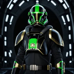 star wars bald male corellian pilot wearing black and bright gasoline green First Order special forces TIE pilot commando armored flightsuit and helmet with gold trim inside the jedi temple, centered head and shoulders portrait, hyperdetailed, dynamic lighting, hyperdetailed background, 8k resolution, volumetric lighting, light skin, fully symmetric details