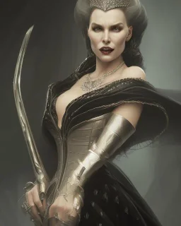 old evil queen in black leather gown, femme fatale, volouptous, busty, cleavage, angry, emperious, 8k resolution concept art portrait by Greg Rutkowski,