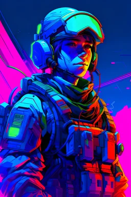 soldier with rilfe, with blue background colour, neons in cyberpunk styles