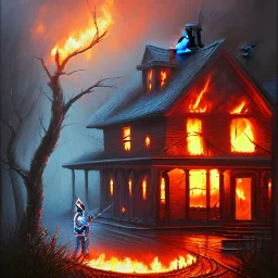 upper body of grim reaper in front of skewed house on fire in a hurricane, thick forest, oil painting, portrait