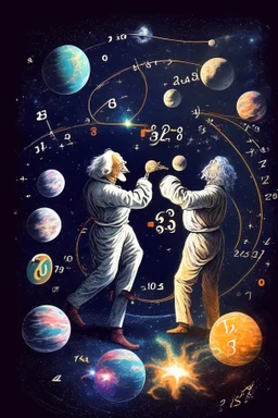 Albert Einstein and Richard Feynman playing with numbers & atoms in outerspace with planets, cosmic gas, stars, moons, and comets dancing around them