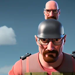 Walter White cyborg, 8k, tactical vest, helmet, gun.