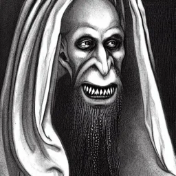 Nosferatu with tentacle beard grey skin and vampire fangs as a Russian Orthodox bishop