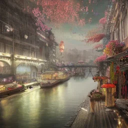 Insanely detailed photograph of an “artitcture plans of a city market on river ” with intricate lights, intricate embroidered band, hyperdetailed painting by Ismail Inceoglu Huang Guangjian and Dan Witz CGSociety ZBrush Central fantasy art album cover art,8K, hdr, romantic, mysterious, ominous, flowers, jewelry, steam,oil,cafe,street vendor,steamship,D&D