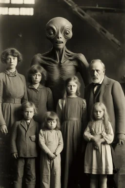 1900's black and white vintage photo, interior, teeth factory warehouse, unhappy stange long grey alien human hybrid creature with a family that is sad, captured on square format film, grainy, aged