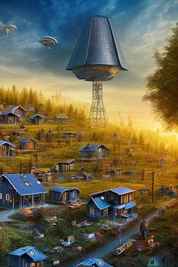 Omniscient Eye in the sky over rural hamlet shanty town shacks tar paper tin roof Apocalypse end times Biblical Depiction Hidden in plain sight Conspicuous scourge of mass mental surveillance Inside average American living room in use Satellite cameras Photo real Graphic illustration Orwellian Idyllic Suburban American