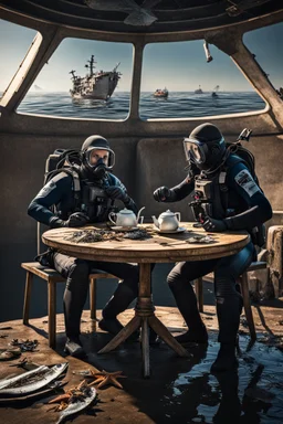 2 divers in full gear sitting at a round table having tea, the table is in the middle of a dried out sea, around them are shattered dead fish, dead starfish, ship reck, 8 k realistic