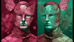 nothing is as permanent as transition augmented reality, pantomim, masks, eerieland, abstract surrealism, glitter, calotype combineted transparent burgundy and pastel menta color, tintype , performance art