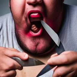 fat guy licking a knife, edgy expressive, angry pouty face, light facial hair full beard