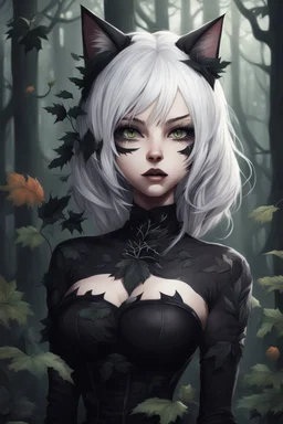 CAT GIRL, goth, forest, nature, cartoon, leaves, boobs, portrait, colour image, white hair