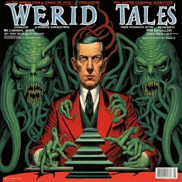 Cover of Weird Tales Magazine, Lovecraft story, Eldritch, sharp colors, horror, by Bill Elder, by Gahan Wilson, maximalist, sinister, retro magazine cover.