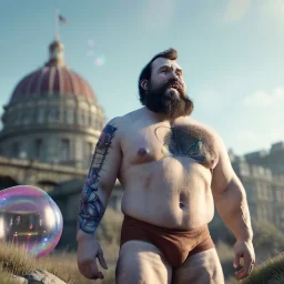 Ultra realistic circus scene. Classic Naked strongman, waist up view, old school tattoo, Wes Anderson style, happy, bubbles, butterflys, highly detailed, concept art, unreal engine 5, god rays, ray tracing, RTX, lumen lighting, ultra detail, volumetric lighting, 3d, finely drawn, high definition, high resolution.