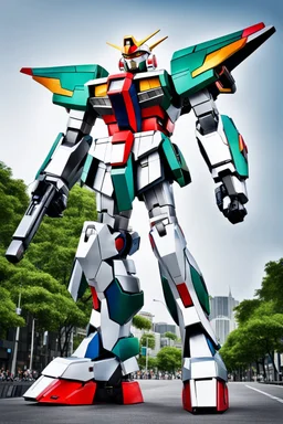 Full body Photography A picture cyber mechines Giant Gundam,with surface coated chrome polished details, city background