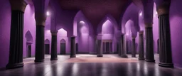 Hyper Realistic Inside View of purple wall mosque with some empty area on side with black pillars at night