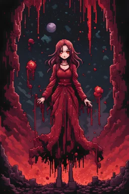 Girl wizard, fullbody, behind blood guts rising from the ground, horror, galaxy, darkred tones, 8bits, pixel art,