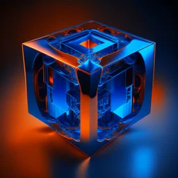 a blue metallic 4d Tesseract ,inside a 4d orange Tesseract rotating cube in a four dimension environment