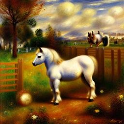 shetland pony, fence, field, oil painting, by renoir