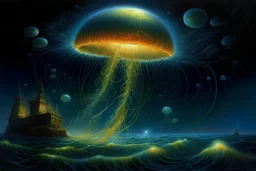 art Atlantic Ocean storm of glowing jellyfish and lights in the night, Catherine Welz Stein, Dmitry Vishnevsky, Josephine Wall