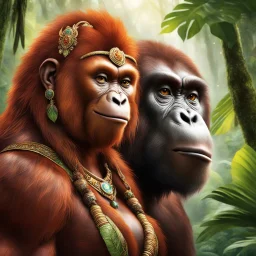 Two characters in the heart of the rainforest: the majestic female orangutang Queen, half woman, half monkey. Her fiery auburn hair and her diadem shimmered in the light while her wise amber eyes met her muscular bodyguard gaze with a mixture of curiosity and wisdom. The Queen exuded an aura of grace and command.
