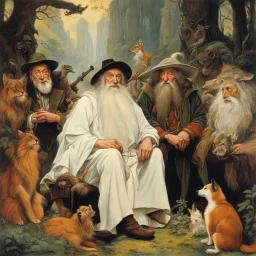 [art by Norman Rockwell: three Middle-earth Istaris are Jonathan Pryce, Sylvester McCoy and Jean Rochefort] Radagast, with his unkempt hair and a menagerie of animals, shared a hearty chuckle with Saruman, the wise and cunning Istari. And there, in the midst of it all, stood Gandalf, a twinkle in his eyes as he joined in the mirth.Their laughter echoed through the night, a rare moment of camaraderie amidst the chaos of their journeys.