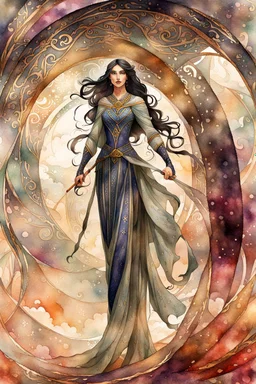 create an ethereal, darkly magical watercolor illustration of an epic female Andalusian sorceress with highly detailed and deeply cut facial features, in the style of CHARLES RENNIE MACKINTOSH