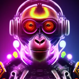 A beautiful portrait of a cyborg monkey purple neon color scheme, high key lighting, volumetric light high details psychedelic background