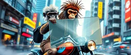 wall poster of transparent biker woman monkey weasel rasta man with cute fur holding a huge video cover, in big cyberpunk city crossover, volume light and motion blur, airbrush and pen outline