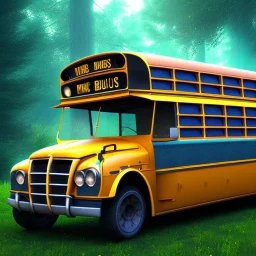 school bus in magical forest