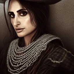 best quality, realistic lighting, masterpiece portrait of Penelope Cruz, details, light dusting of freckles, cowboy shot from above, simple chain hauberk, warhammerVector art matte painting digital illustration 3D shading CryEngine Behance HD 3Delight