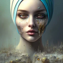 dripping,melting watercolor painting as woman's face, wearing hijab, fine detail, highly intricate, modern surrealism painting, fog, high-quality, volumetric lighting, 8k, ultrahd, George Grie, Marco Escobedo, Igor Morski,Brian Froud, Howard Lyon, Selina French,